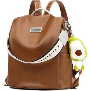 Brown Faux Leather Backpack Purse with Cute Plush Keychain